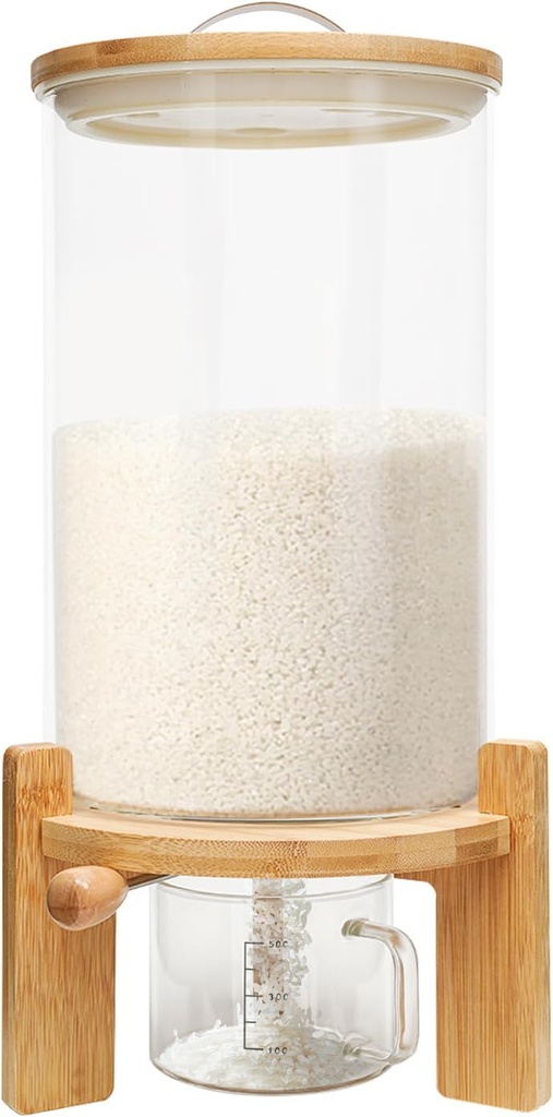 Rice Dispenser, 7.5L/1.98Gal Glass Rice Container Cereal Dispenser with Wood Base, Grain Storage Rice Organizer for Kitchen Countertop Dry Food, with Lid & Measuring Cup, D7.9*H17.7in