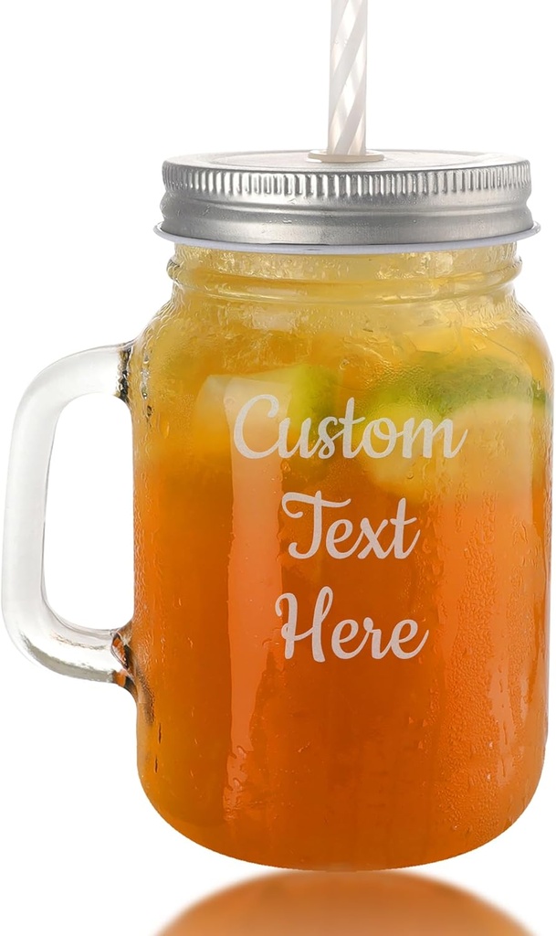 Personalized Mason Jar Mug with Handle, Lid & Straw - Custom Engraved 16oz Drinking Glass cup for Iced Coffee, Smoothie, Gifts for Weddings, Birthdays, Housewarming