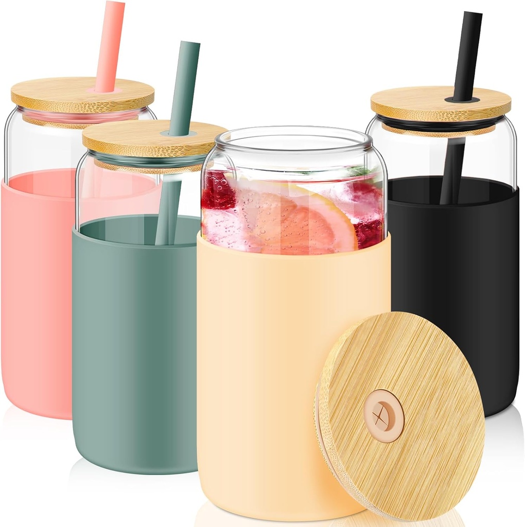 4 Pack 16 oz Glass Tumbler with Silicone Sleeve Iced Coffee Cups with Lids Straw Can Shaped Water Bottle for Christmas Home Outdoor (Cambridge Blue, Amber, Black, Pink)