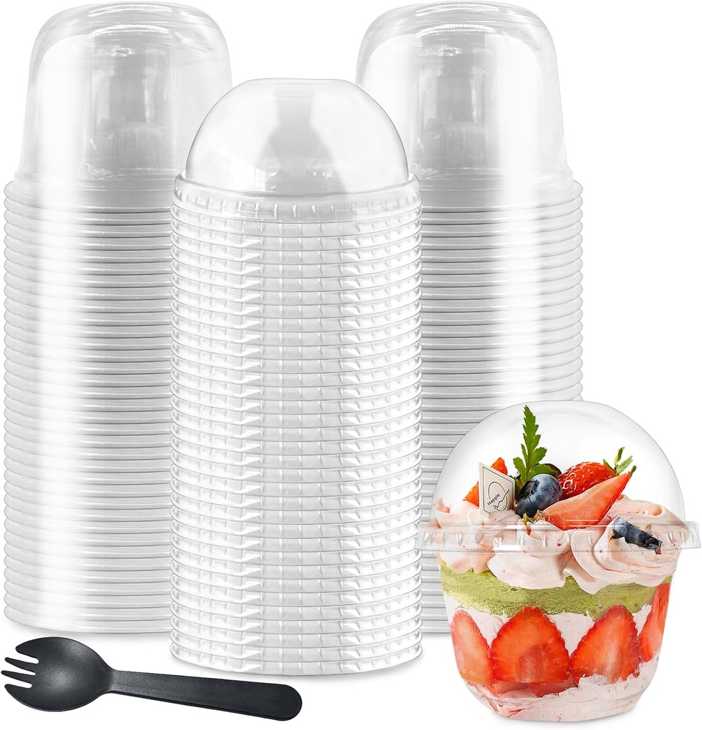 Szsrcywd 100Pcs 10oz Plastic Dessert Cups with Dome Lids,50Pcs Disposable Clear Parfait Party Cup(No Hole) and 50Pcs Sporks,Snack Containers Bowls for Cake,Mousse,Milkshake,Yogurt,Ice Cream,Fruits