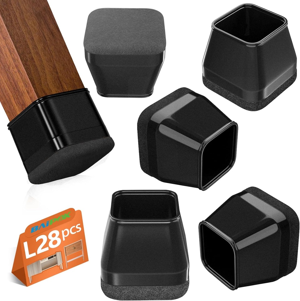 28Pcs Square Chair Leg Floor Protectors with Wrapped Felt Bottom, Silicone Chair Leg Protectors for Hardwood Floors, Chair Legs Cover Prevents Scratches & Reduce Noise (Black L Fit 1.14"-1.42")
