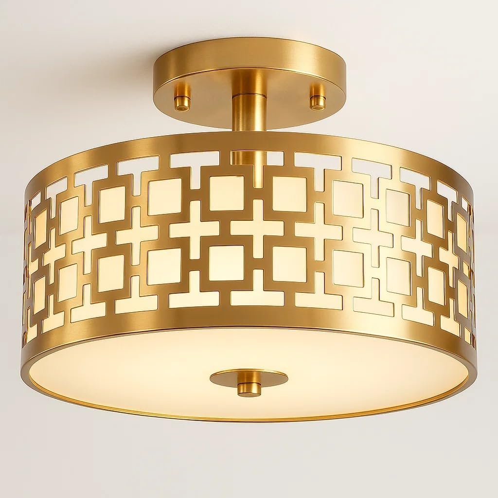 Semi Flush Mount Ceiling LED Light Fixture Hanging with Drum Shade for Dining & Living Room Kitchen Office Shop Entryway & Hallway Modern Chandelier Lamp Brushed Chrome Finish E26 Base