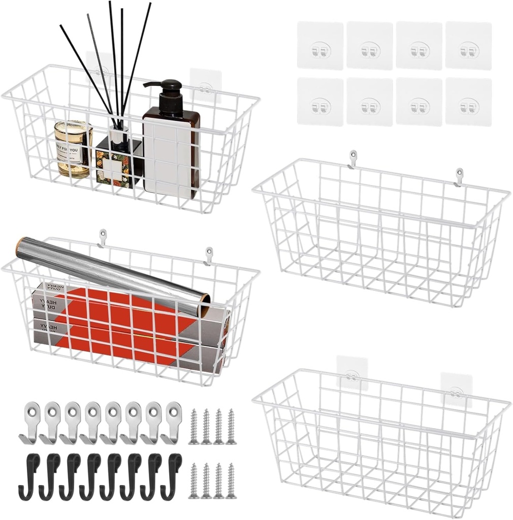 4PCS Hanging Wall Basket Wire Storage Baskets, White Wire Basket for Cabinet Door Organizer with 8 Hooks, Wall Mounted Shelf for Kitchen, Garage and Bathroom