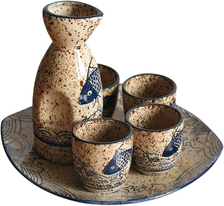 Sake Set 5 Piece Sake Cup Set with Ceramic Tray Quaint Texture Elegant Design for Cold/Warm/Shochu/Tea Best Gift for Family and Friends