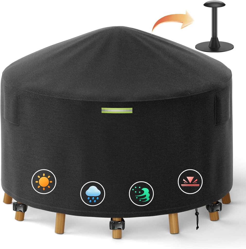 64 Inch Round Patio Furniture Covers with Support Pole, 800D Heavy Duty Waterproof Tear-Resistant Polyester Outdoor Furniture Cover & Fire Pit Cover