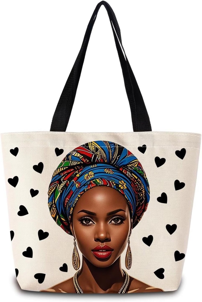 African American Tote Bag Reusable Grocery Bags Aesthetic Shopping Shoulder Handbag with Interior Zipper Pocket Stylish Heart Black Lady Present for Women
