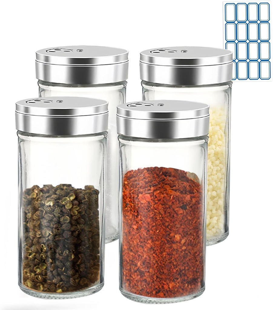4pcs Salt and Pepper Shakers Set with Adjustable Pour Holes, Salt Shakers Glass with Stainless Steel Lids, White Black Salt Shaker Spice Shaker Dispenser for Seasoning