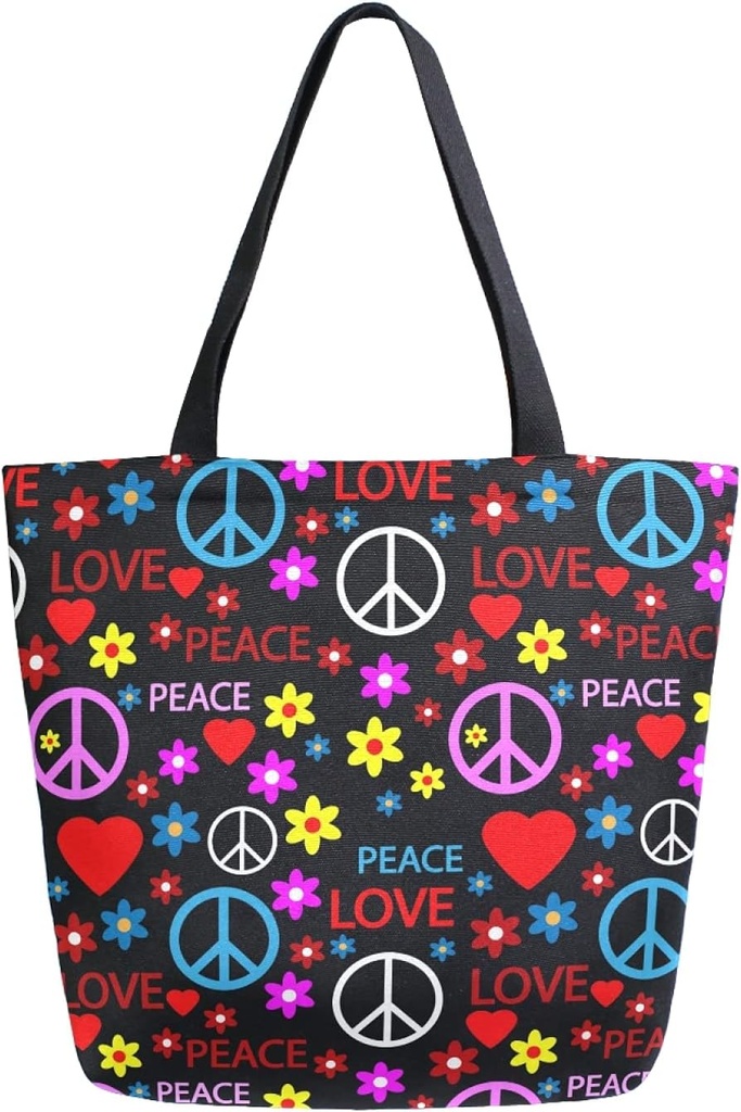 ALAZA Peace Sign Hippie Flower Love Large Canvas Tote Bag Reusable Grocery Shopping Bag with Handles, Heavy Duty, Washable
