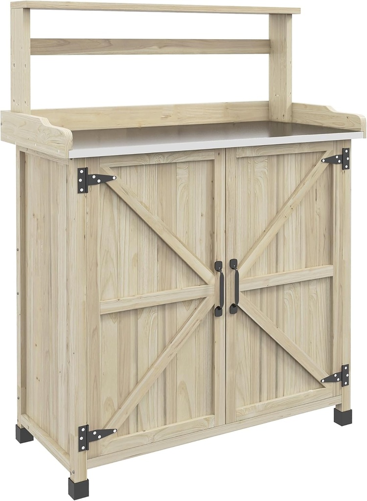 Rustic Farmhouse Potting Bench Workstation Outdoor Wooden Potting Table with Storage Cabinet and Galvanized Table Top Non-Slip Rubber Feet for Backyard, Balcony, Garden, Natural