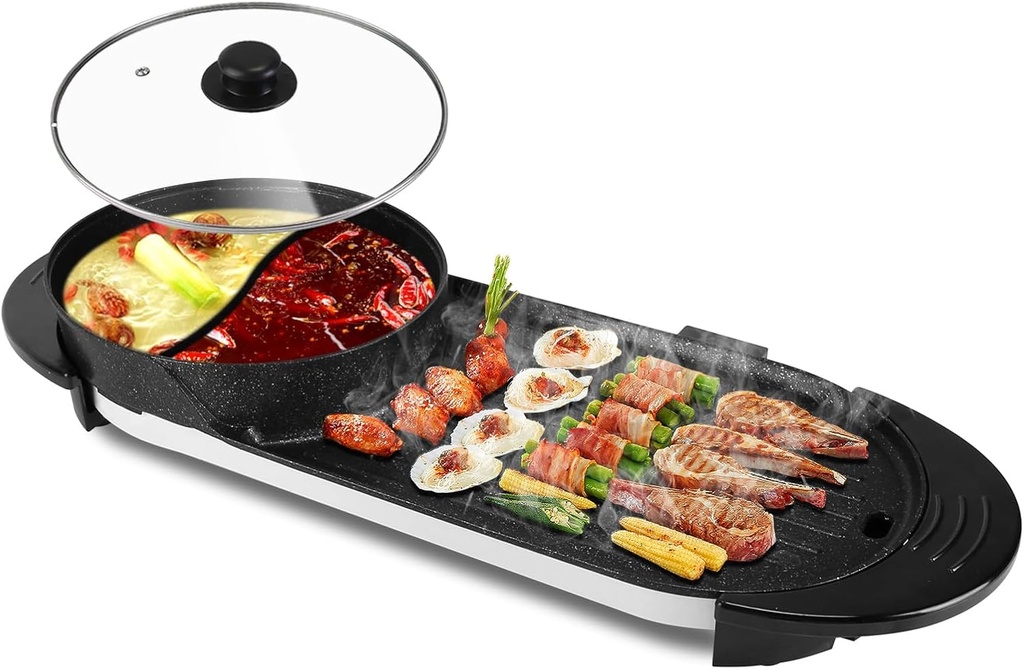 Electric Hot Pot with Grill, Indoor Smokeless Non-Stick Korean BBQ Grill Cooker, Shabu Shabu Hot Pot with Divider Independent Temperature Control 5 Gears Firepower, for 2-8 People