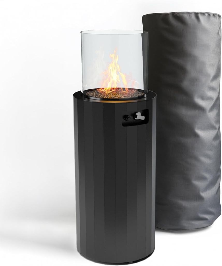 Planika BINO Outdoor Gas Fireplace - Black Fire Column with Glass Shield for Patio or Gardens (Outdoor Cover Incl)