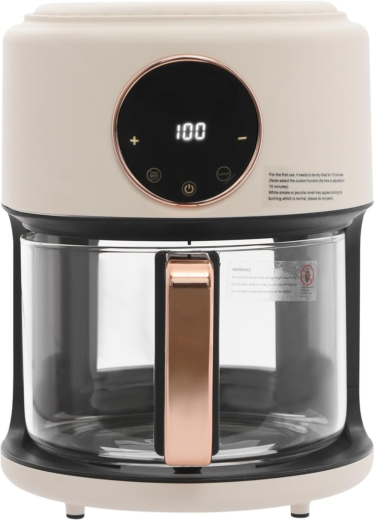 1200W Glass Air Fryer, 3.81QT Cylinder Air Fryer Adjustable Temp 175F - 400F 60 Min Timer 360°Viewable Glass Basket Digital Display and 8 Presets Oil-Free Cooker for Family/Outdoor Use (White)