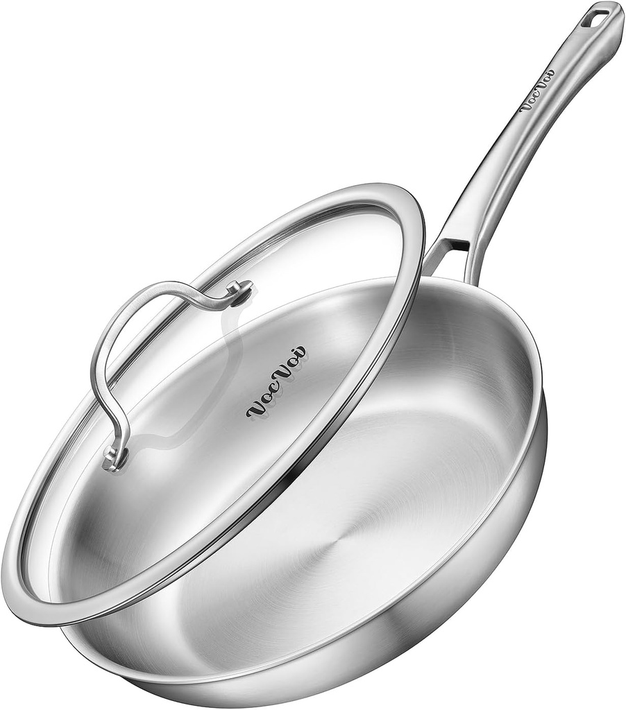 11.5 inch Tri-Ply Stainless Steel Frying Pan with LID,Works on Induction,Ceramic and Gas Cooktops