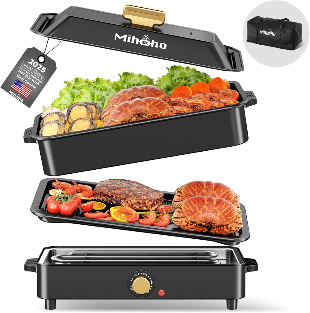 Slow Cooker Large Capacity Non-stick Vessel with Lid, 1400W 2-in-1 Electric Skillet for Grill and Hotpot with Carry Bag, Cooker with Adjustable Temperature (Black A)