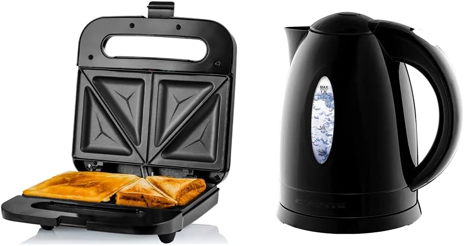 Ovente Electric Sandwich Maker with Non-Stick Plates, 750W Indoor Grill Kitchen or Dorm Essentials Easy to Clean and Storage & KP72B Electric Kettle, Illuminated, Black, 1.7L,