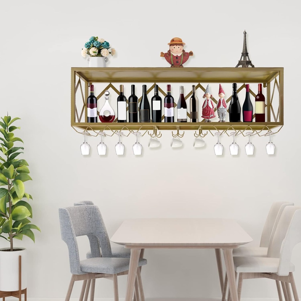 Bar Unit Floating Shelves, Wall-Mounted Wine Racks Inverted Wine Glass Rack Multifunctional Iron Bottle Holder for Home, Wine Cellar, 47.2*9.8*15.7inch (Gold)