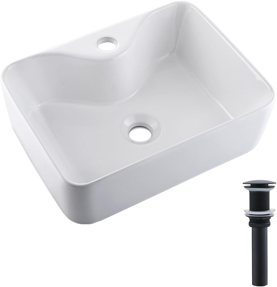 White Rectangle Ceramic Bathroom Vessel Sink - Dorzom 16x12 Inch Ceramic Art Basin Bathroom Sink with Black Stainless Steel Pop Up Drain HA001X-1612B