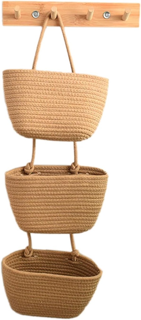 Woven Cotton Hanging Baskets, 3-Tier Woven Cotton Wall-Mounted Storage Organizer Bag Decorative Kitchen Baskets (Color-4)