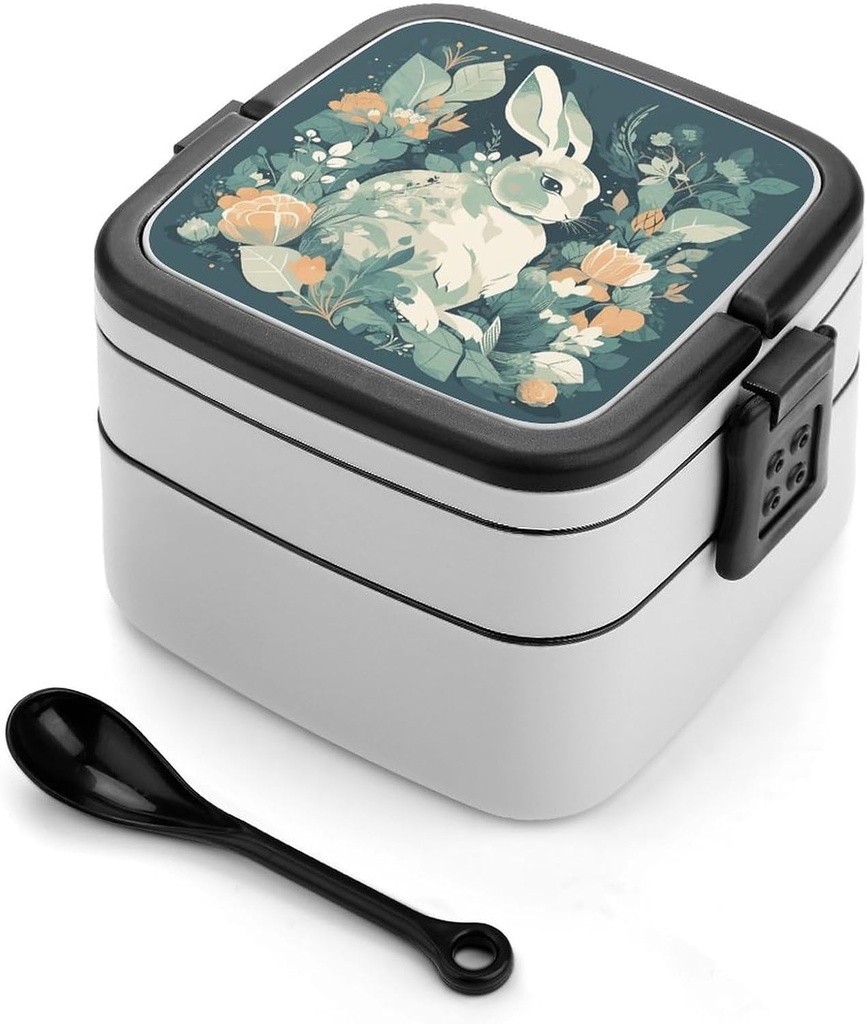Hand Drawn Rabbit Bento Box with Compartments Double Layer Bento Lunch Box with Spoon And Handle All-in-One Adult Lunchbox Leakproof Lunch Container for Work Picnic Travel