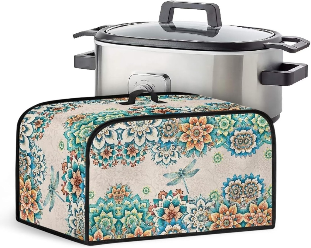 Boho Dragonfly Slow Cooker Cover with Handle Portable Scratches-Proof Dust Cover Fits Most 6-8 Quart Oval Slow Cooker for Kitchen Dining Room Decor