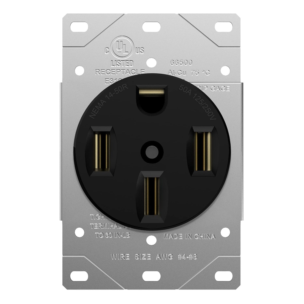 ENERLITES 50 Amp 125/250V Range Receptacle Outlet, for RV, Electric Vehicle, Oven, Stove, 3-Pole, 4 Wire (10, 8, 6, 4 AWG Copper Only), NEMA 14-50R, 66500-BK, Black (Pack of 1)