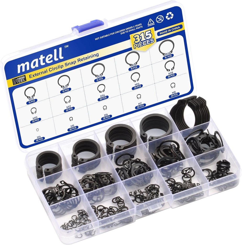 Matell 315-Pcs Black Alloy Steel External Circlip/Retaining Ring Kit | E-Clip Snap Ring Assortment Set with 15 Sizes for Shaft | Includes Pliers