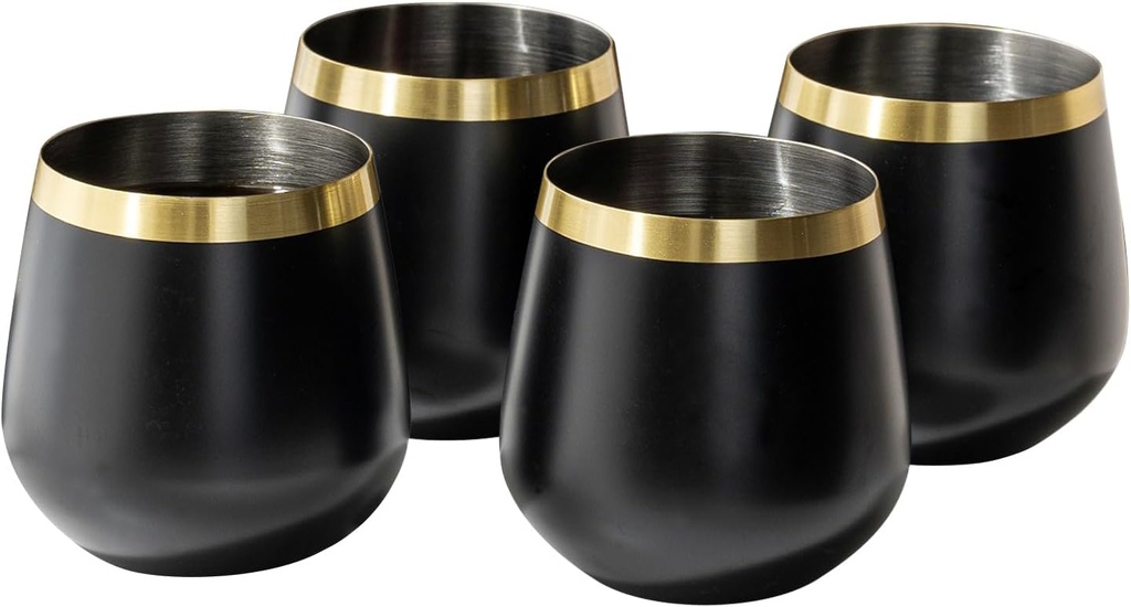 MyGift Modern 12 oz Matte Black Stemless Wine Glasses, Stainless Steel Cocktail Cups with Brass Tone Rim, Set of 4