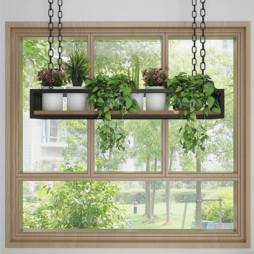 Hanging Wine Glass Rack Plants Flowers Stand Storage Rack Ceiling Hanging Shelf for Bar Cellar/Restaurants/Kitchens,Overhead Garage Holder Wood and Iron Floating Shelves with Guardrail