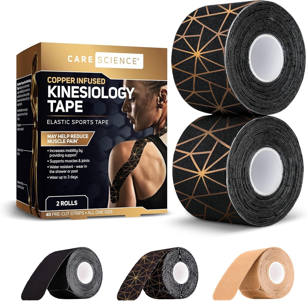 Care Science Waterproof Kinesiology Tape, 40 ct Precut Strips (2 Rolls), Copper Infused | Water Resistant Strips, Elastic Athletic Tape for Sports & Weightlifting, Muscle Strain Relief & Joint Support