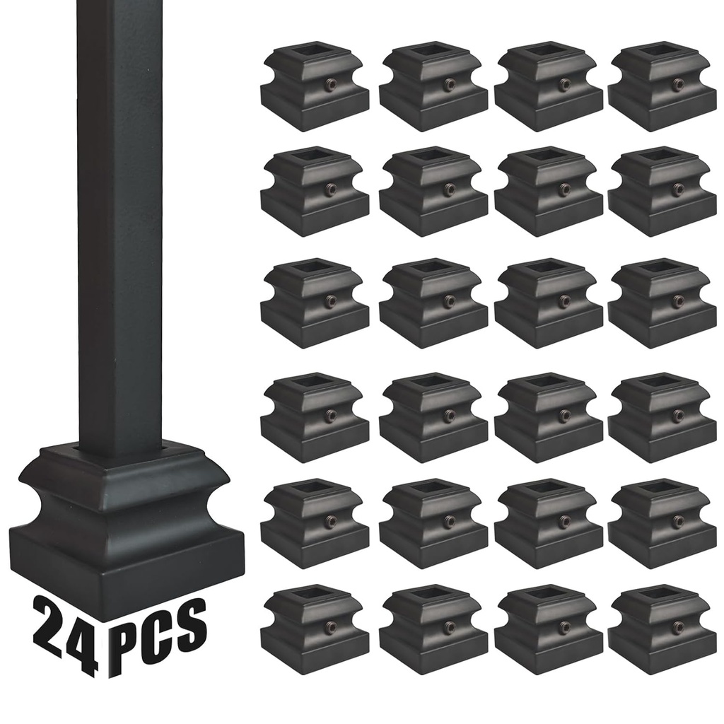 24 Pcs Iron Baluster Shoes, Stair Flat Shoes with Screw for 1/2 Inch Square Scroll Basket Twist Knuckle Staircase Balusters Metal Spindle Railing (Matte Black)