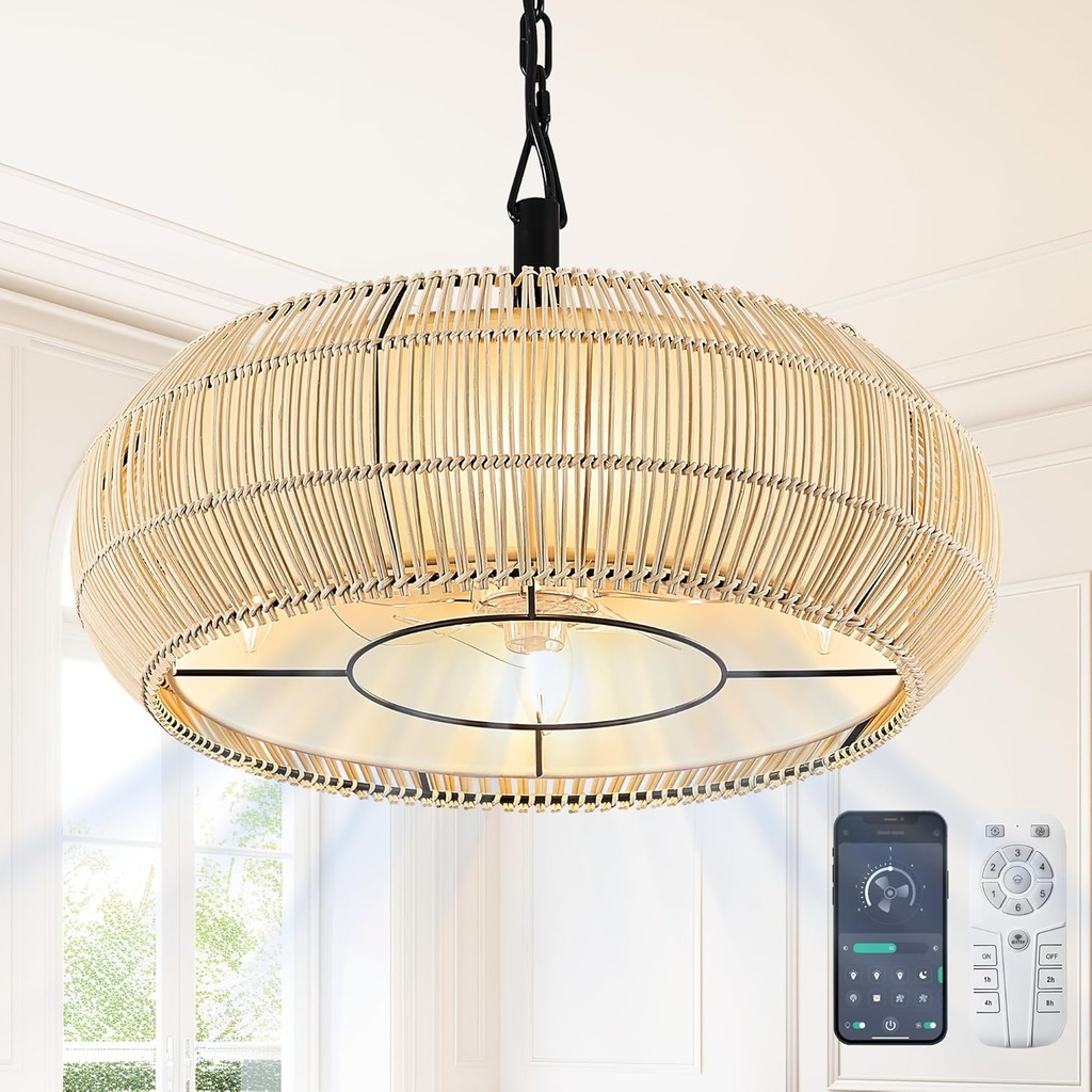 20" Rattan Caged Ceiling Fan Light with Fabric Shade Boho Hand Woven Fandelier Chandelier for Dining Room Bedroom, Smart App/FCC Remote Control, Reversible Fan Italian Design (Rattan)