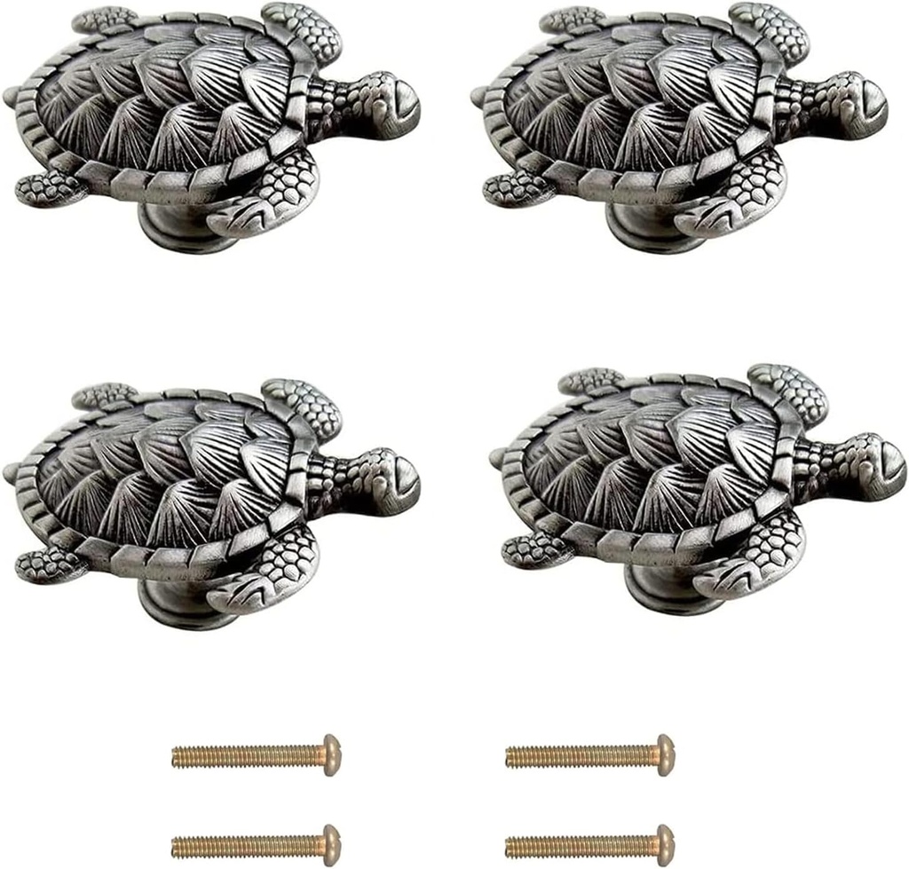 Jinyuanchao Ocean Turtles Handle 4PCS, Metal Dresser Drawer Cabinet Door Knobs Pulls Handles Home Bathroom Beach Nautical Coastal/Forest Decor Animal Series (Turtle, Pewter)