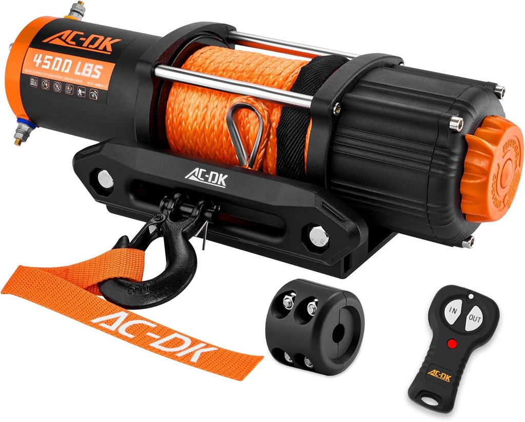 AC-DK 4500 lb UTV Winch Synthetic Rope Kits, 12V Winch with Wireless Remote for Off Road Trailer Boat RV Towing Winche, Waterproof Winch with Mounting Plate and Wired Remote