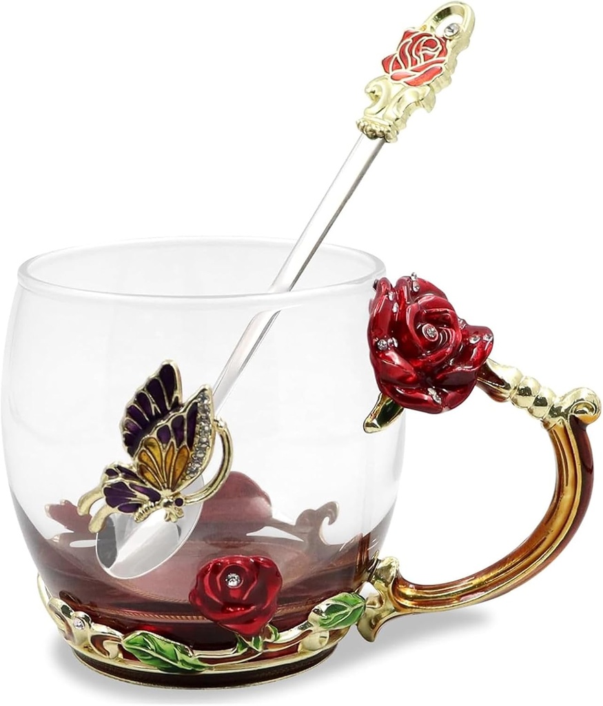 Enamels Butterfly Flower Tea Cup, Glass Coffee Mugs with Spoon, Gifts for Birthday Valentines Mothers Day Graduation Christmas, Presents for Women Wife Mom Her Grandma Girls Teacher Friends