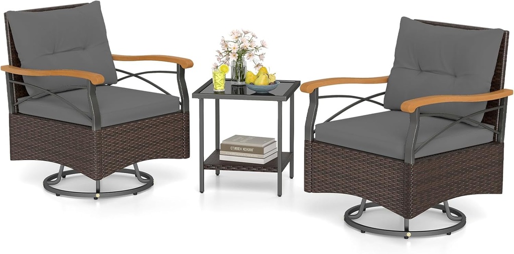 Tangkula 3 Piece Outdoor Swivel Chair Set, Patio Wicker Rotating Cushioned Chairs with 2-Tier Tempered Glass Side Table, for Porch, Yard, Balcony, Garden