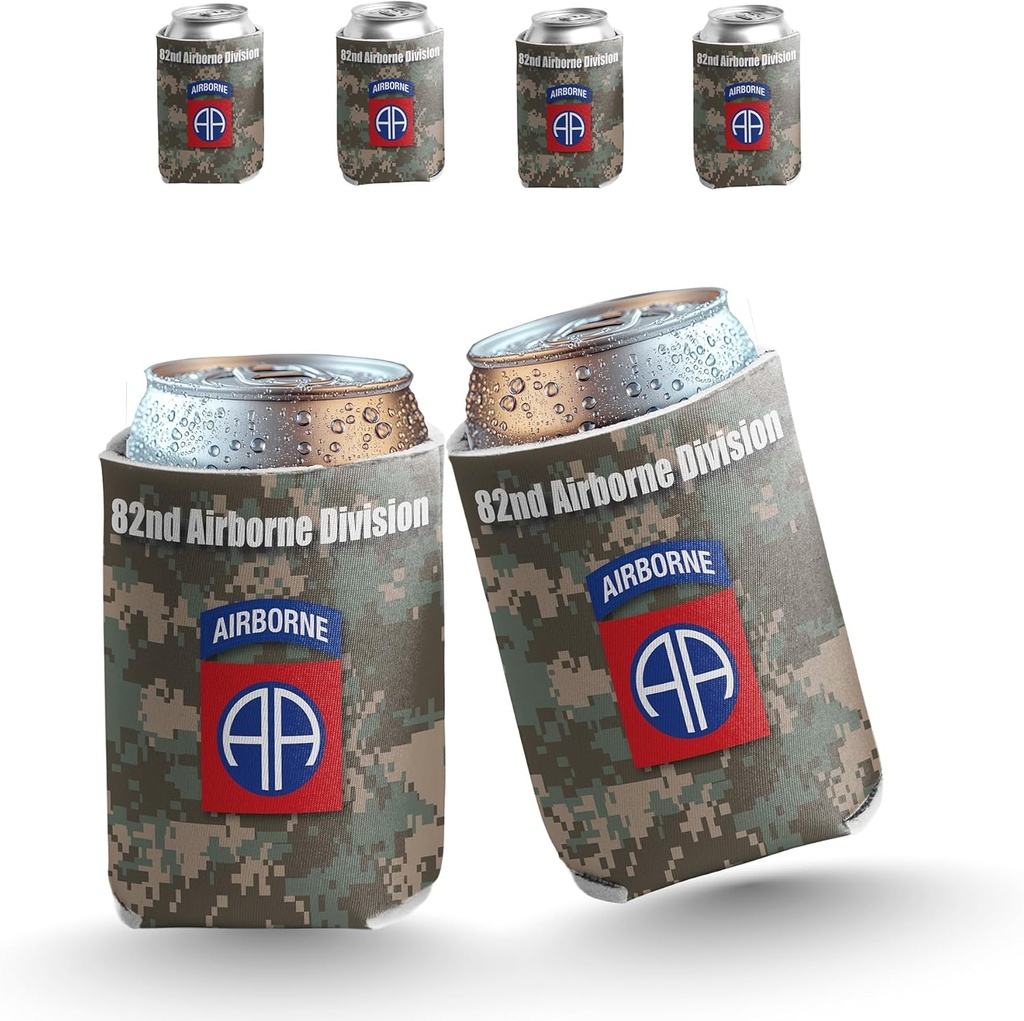 VictoryStore Can Coolers – 82nd Airborne Division Military Drink Sleeves – Set of 6 Patriotic Foldable Coolies for 12 oz Cans & 12–16 oz Bottles – Reusable, Durable, Full-Color Design
