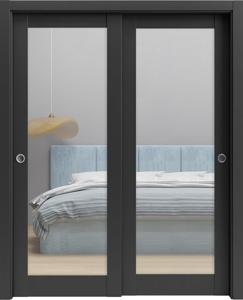 Sliding Closet Door SARTODOORS Lucia 1299 Bypass Interior Doors with Mirror, Solid Wood, 72x80, Black, Modern Style Hardware Included