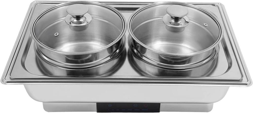 Domestic & Commercial Electric Food Warmer，Portable Stainless Steel Steam Table Countertop Food Warmer, 2 Round Pots Electric Soup Warmer w/Lid and Tap for Home, Catering, Buffet(Silver,120V 40W)