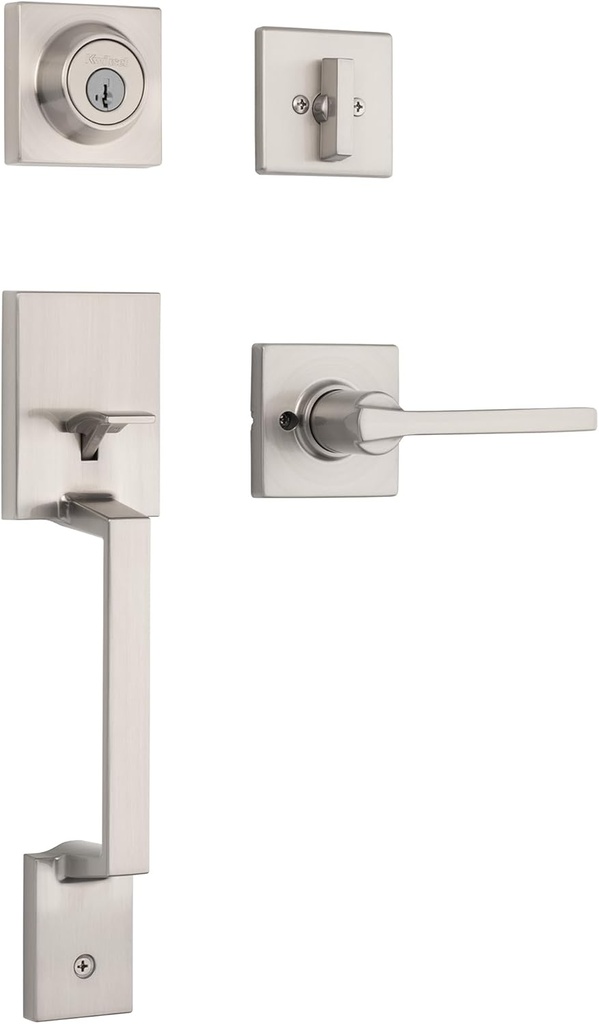 Kwikset Amador Front Door Lock Handle and Deadbolt Set, Entry Handleset Exterior with Casey Reversible Lever, Satin Nickel, Pick Resistant SmartKey Rekey Deadbolt Security, with Microban Protection