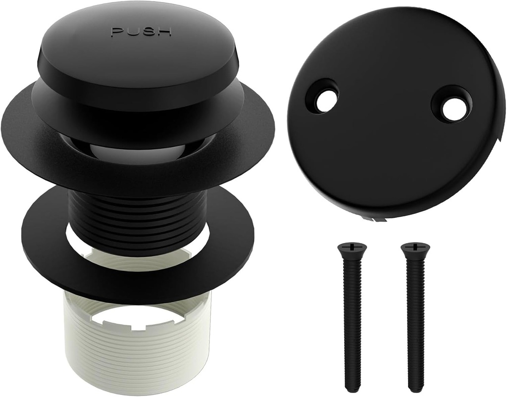 Black Tip-Toe Tub Drain with 2-Hole Overflow Cover, Toe Touch Bathtub Drains Stopper Replacement, Tub Drain and Overflow Kit Matte Black