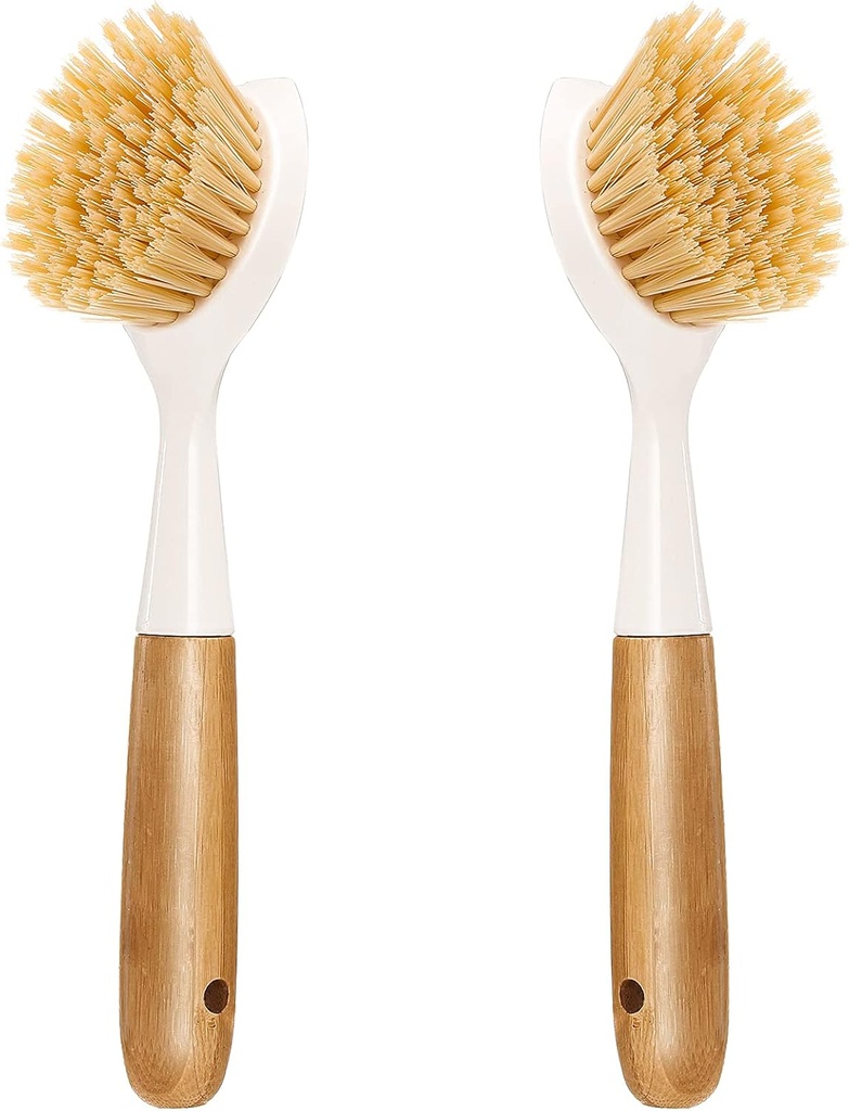 2 Pack Kitchen Dish Brush Bamboo Handle Dish Scrubber Built-in Scraper, Scrub Brush for Pans, Pots, Kitchen Sink Cleaning, Dishwashing and Cleaning Brushes are Perfect Cleaning Tools, White