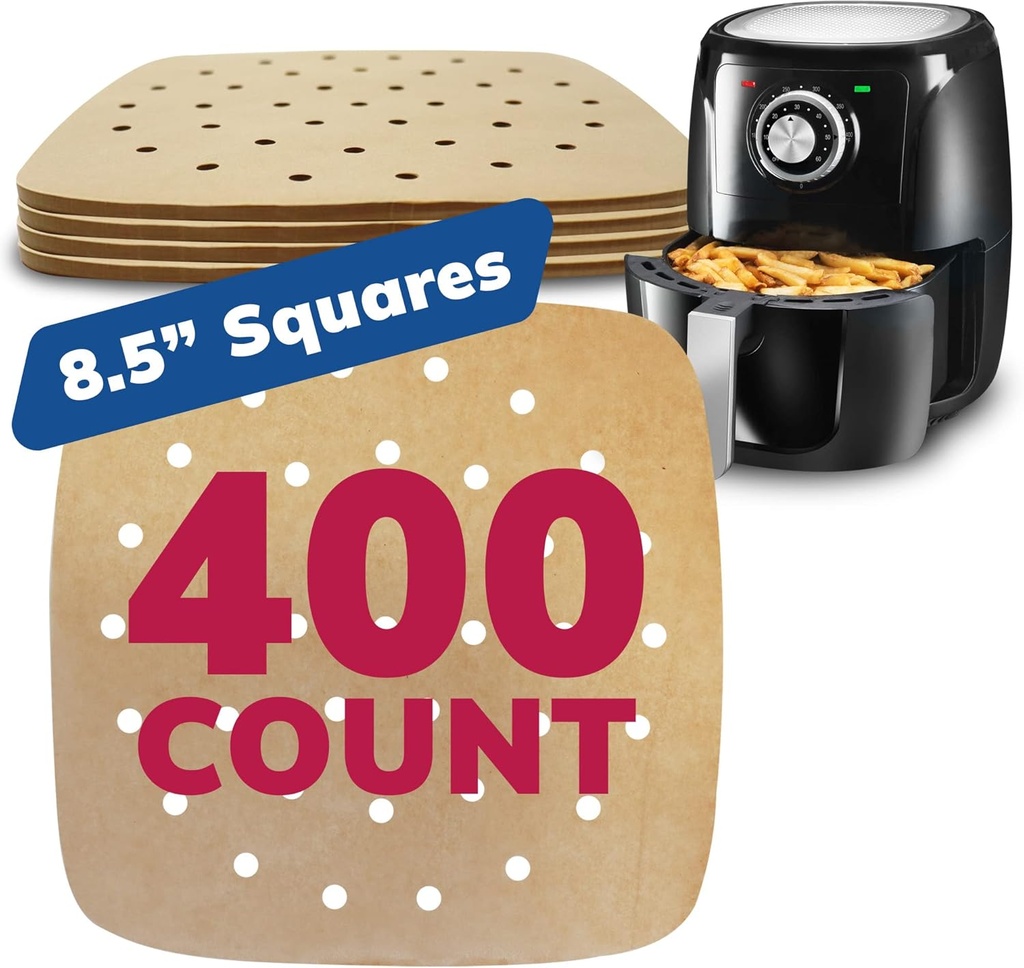 Reli. Air Fryer Parchment Paper Liners (400 Pcs) Brown | 8.5 Inch Square Disposable Liner Sheets | Parchment Paper for Air Fryer, Steaming, Baking | Perforated, Food Grade