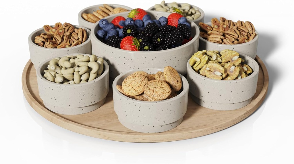 Condiment Dip Serving Tray - Snack Platter Round - Ceramic Serving Tray - Chip & Dip Sets with 7 Stackable 3oz Bowls and 1x14 oz Bowl - Dishwasher, Microwave and Oven Safe (Warm Grey)