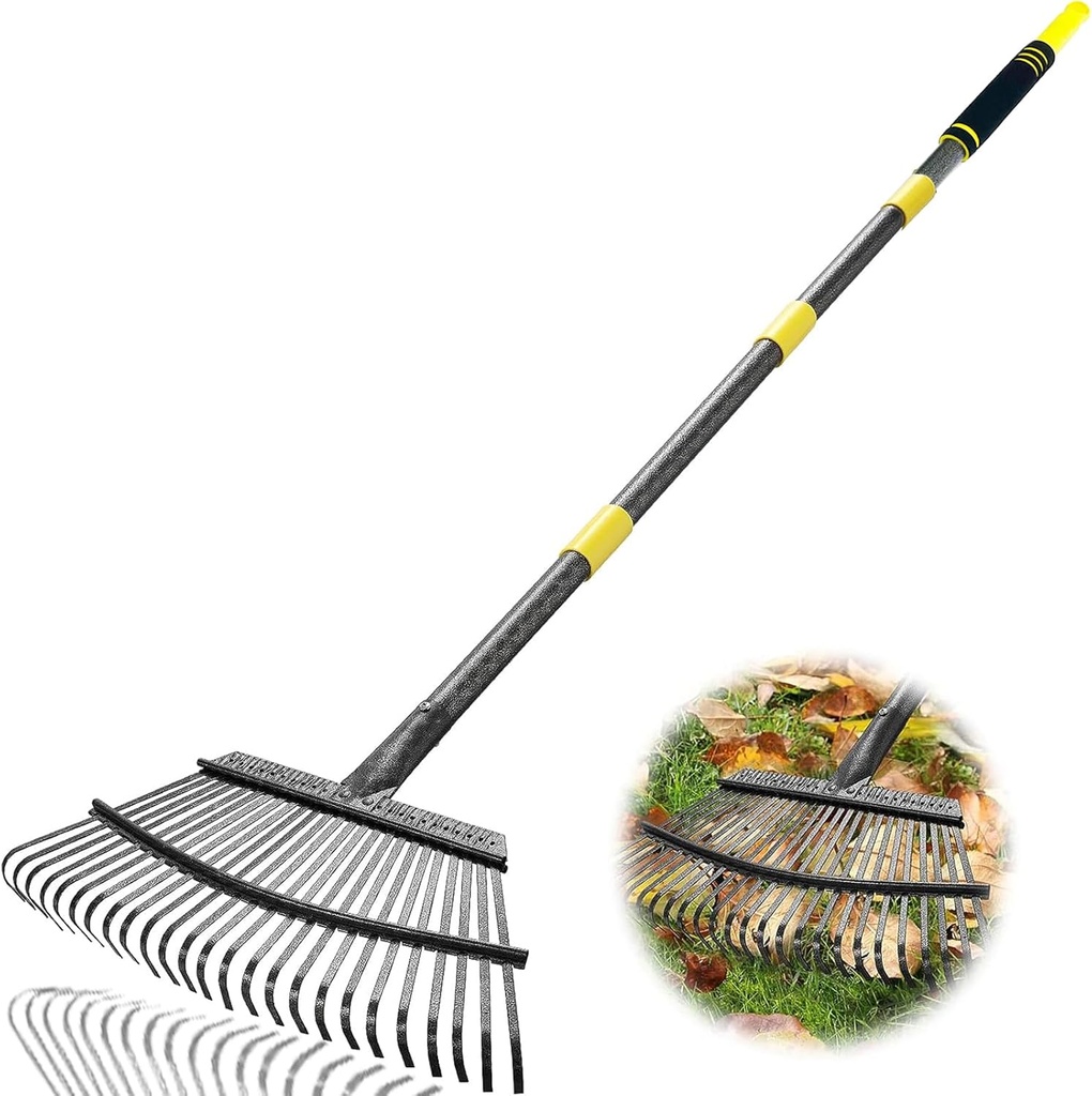 Garden Leaf Rakes, 6FT Rake for Lawns Heavy Duty 25 Metal Tines 18.5 inch Wide, Adjustable Steel Handle, Rakes for Leaves, Gathering Shrub, Grass, Yard