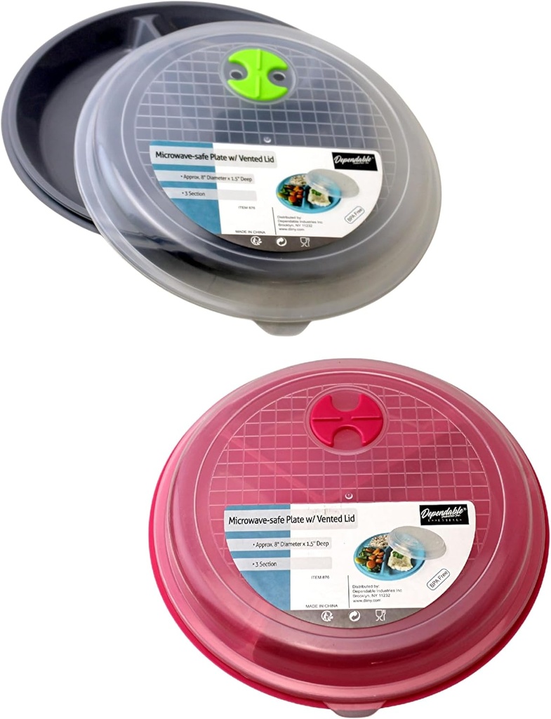 Dependable Industries inc. Essentials 2-Pack Microwave Lunch Plates with Lids – 3-Section BPA-Free Plastic – Vented, Dishwasher Safe – Meal Prep, Office, School Use – Assorted Colors