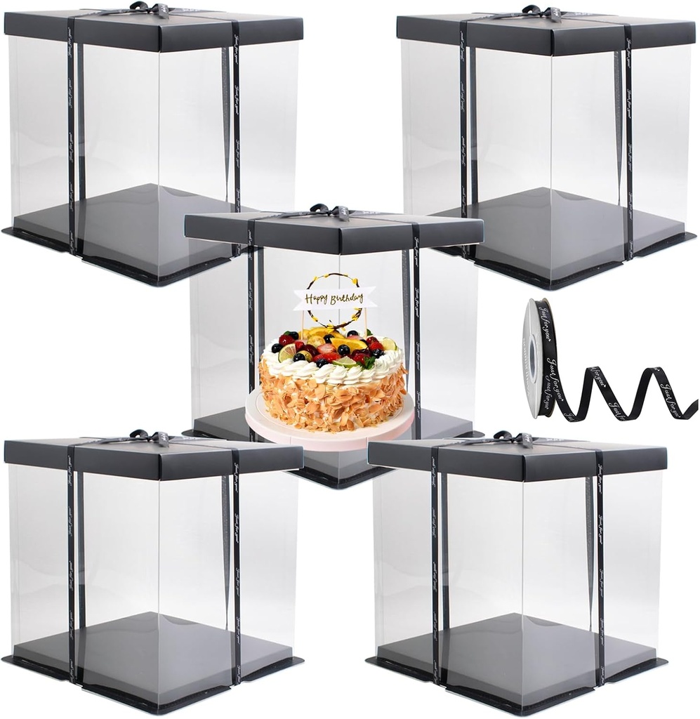 5PCS Clear Cake Boxes, 8×8×9 Inch PET Tall Cake Box with Ribbon for 6 Inch Safe Transport Boxes with Lid Baking Cupcake Box for Wedding Birthday Party, Black