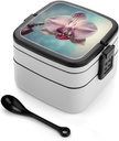 A Blooming Flower Bento Box for Adults Double Layer Lunch Box with Spoon And Invisible Handle Microwave Dishwasher Safe Leak Proof Meal Prep Lunch Containers for Office Picnic