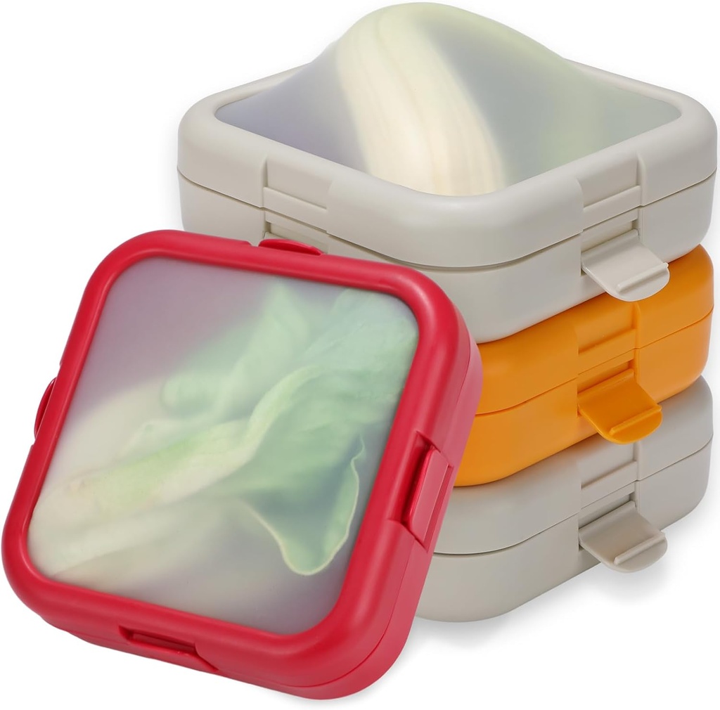 Nuogo 4 Pcs Silicone Fruit Storage Box Anti-oxidation Avocado Saver Storage Tomato Pod Vegetable Saver Reusable for Fridge Garlic Lemons Potatoes(Red, White,Orange,5.5 x 5.5 x 1.8 Inches)