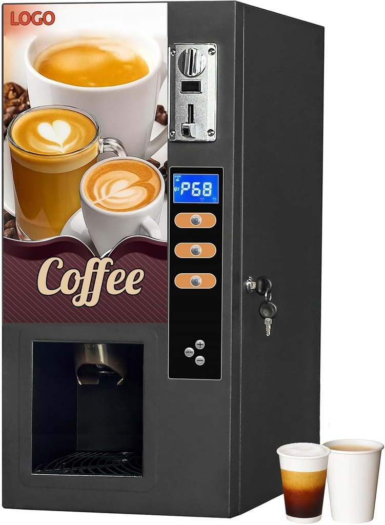 Commercial Coffee Vending Machine – Coin Operated, 3 Flavor Instant Hot Drinks, Smart Self Coin Payment, Automatic Cup Drop System, for Office, Cafe, School