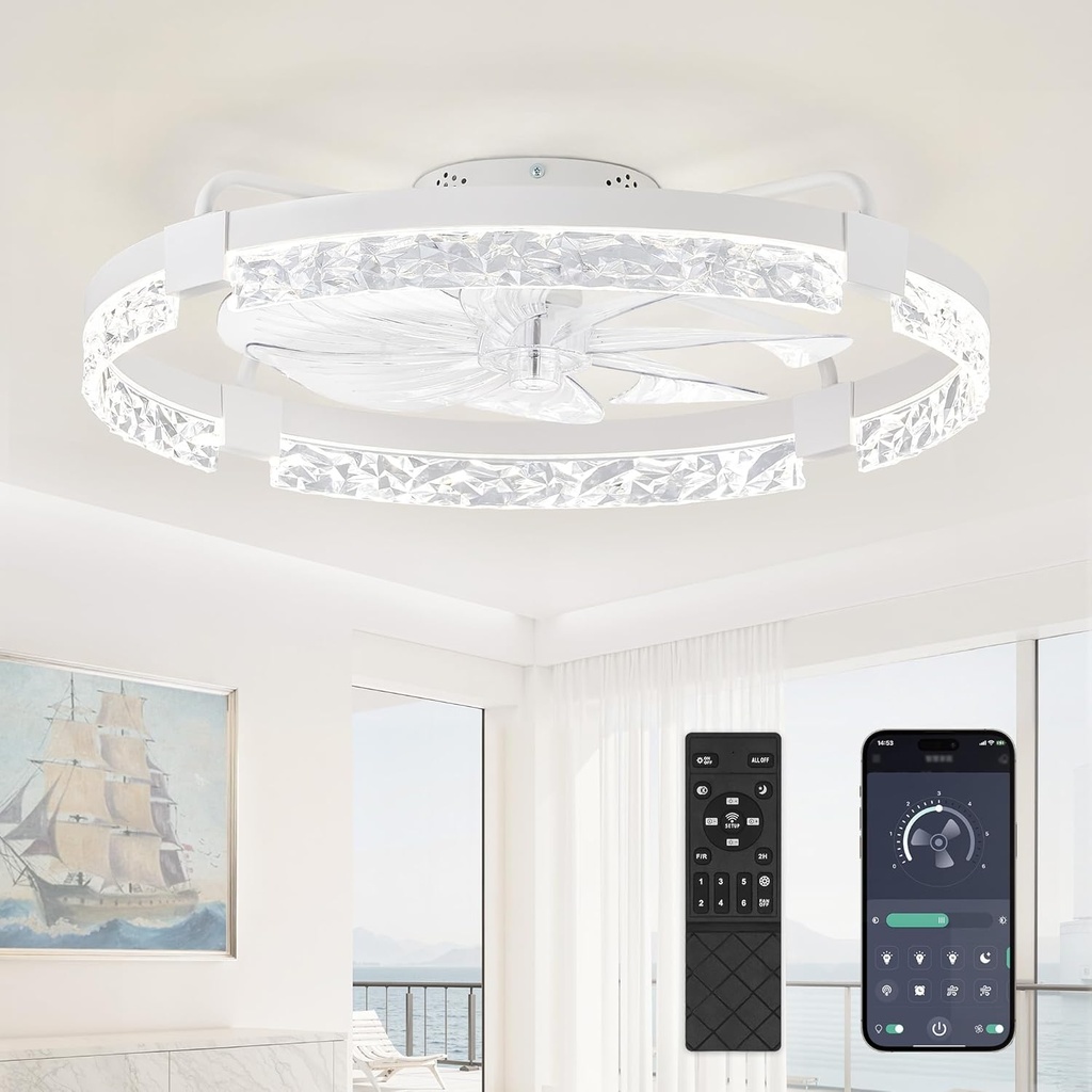 LEDIARY 24 Inch Low Profile Ceiling Fans with Lights and Remote, Flush Mount Fandelier Ceiling Fan, 3000K-6000K Dimmable LED Fan Light, White Modern Ceiling Fans with Lights for Bedroom